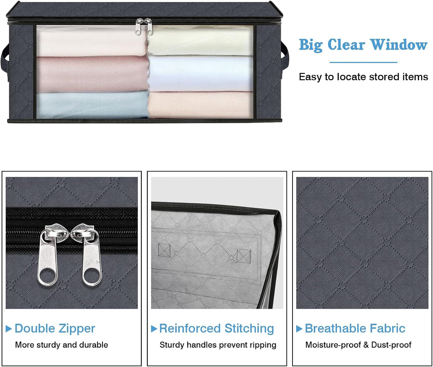 HomeHacks 3-Pack Clothes Organizer Storage Bags, 35L Storage Bins, Gray