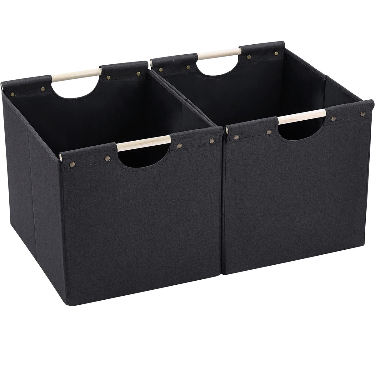 HOONEX Large Collapsible Storage Bins, Linen Fabric, Pack of 2, Storage Baskets with Wooden Carry Handles and Sturdy Heavy Cardboard, for Home, Office, Car, Nursery, Black