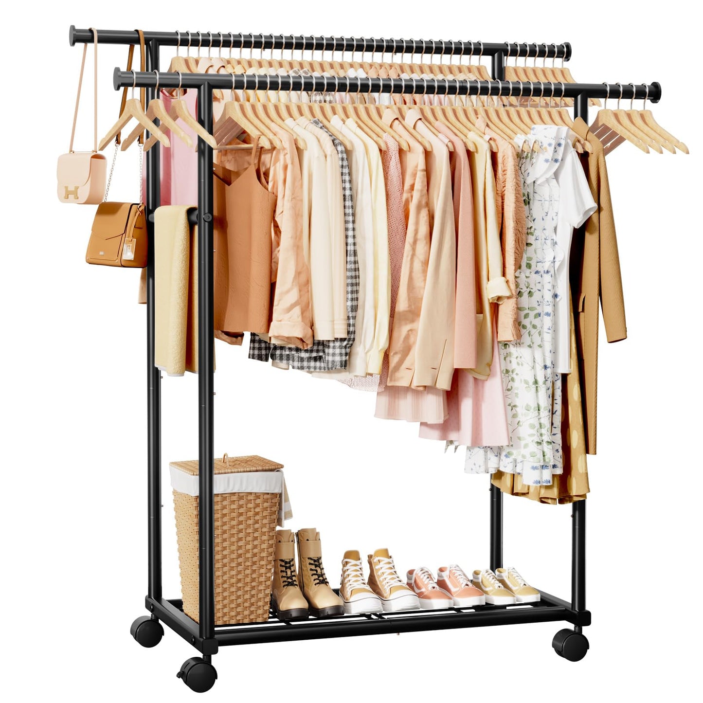 Sakugi Double Rods Clothes Rack - Metal Clothing Rack with Fixed Double Rods, Rolling Wheels & Built-In Shelf for Closet, Bedroom, Laundry Storage (39" x 17" x 60", Black)