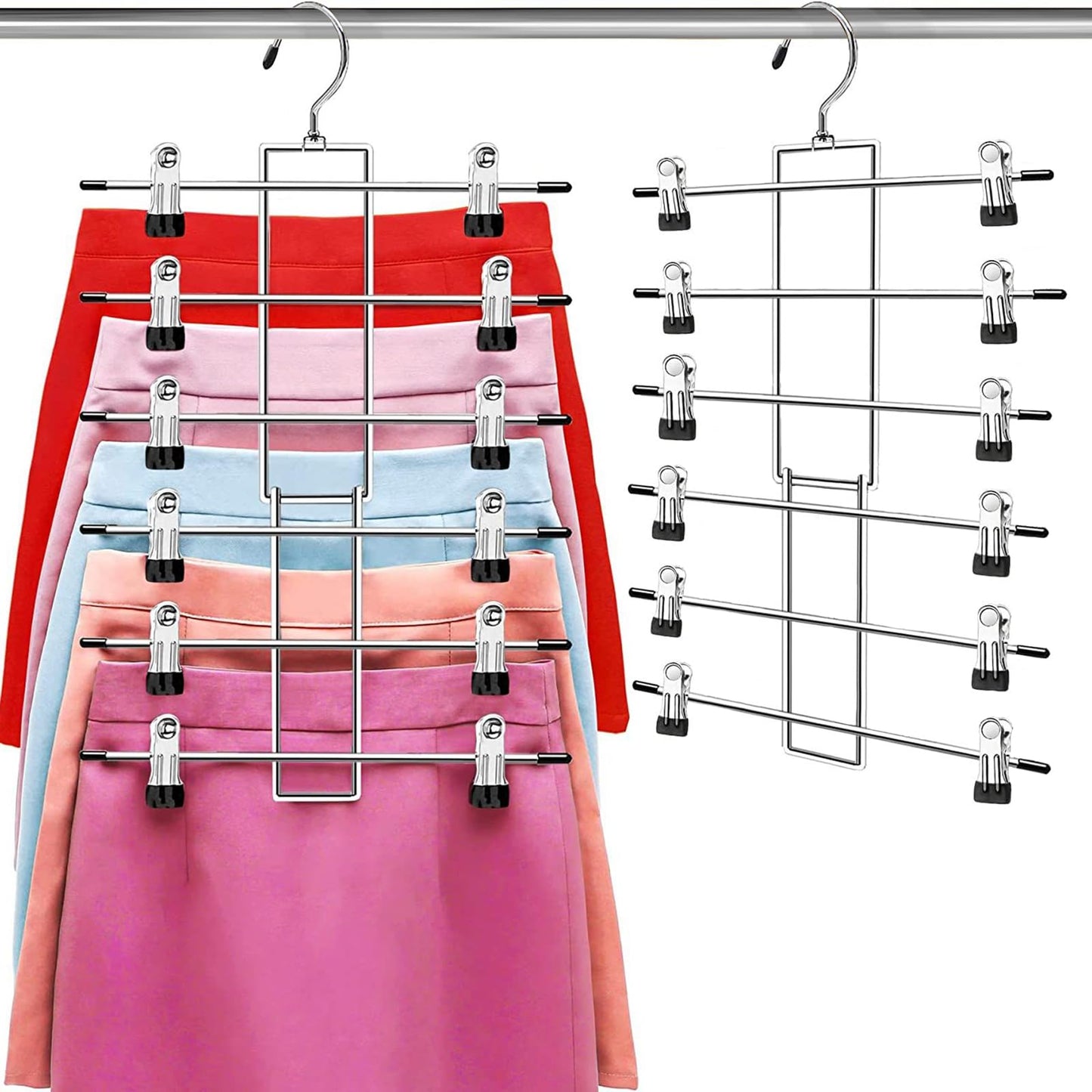Pants Hangers with Clips,Space Saving Hanging Closet Organizer-6 Tiers Skirt Hangers with 360° Swivel Hook,Closet Organizer-Clothes Hangers- College Dorm Essentials Apartment Essentials-2 Pack