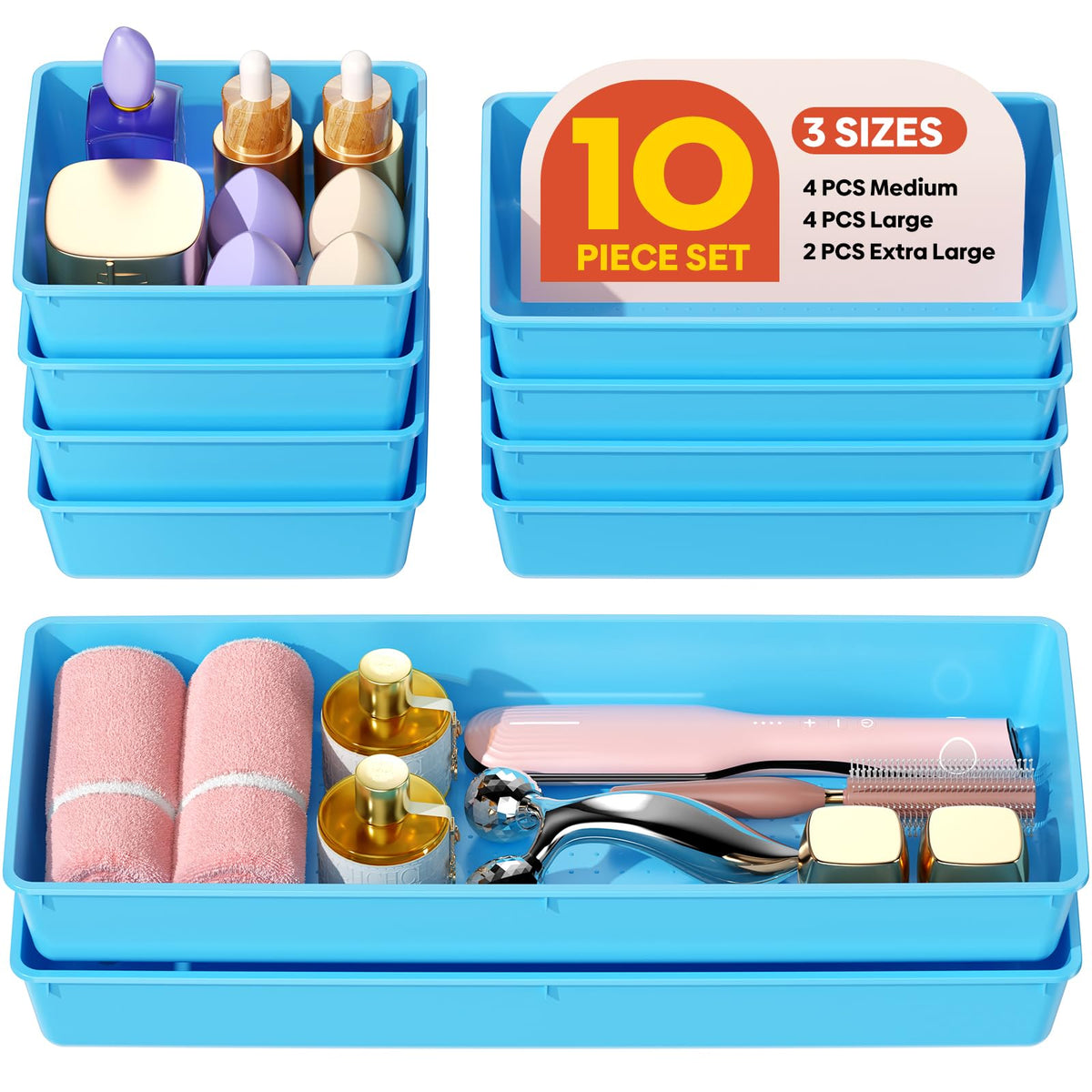 10 Pack Large Size Plastic Drawer Organizers Set, 3 Sizes Desk Drawer Organizer Trays, Storage Bins for Vanity, Makeup, Bathroom, Kitchen Utensils and Office (Black)
