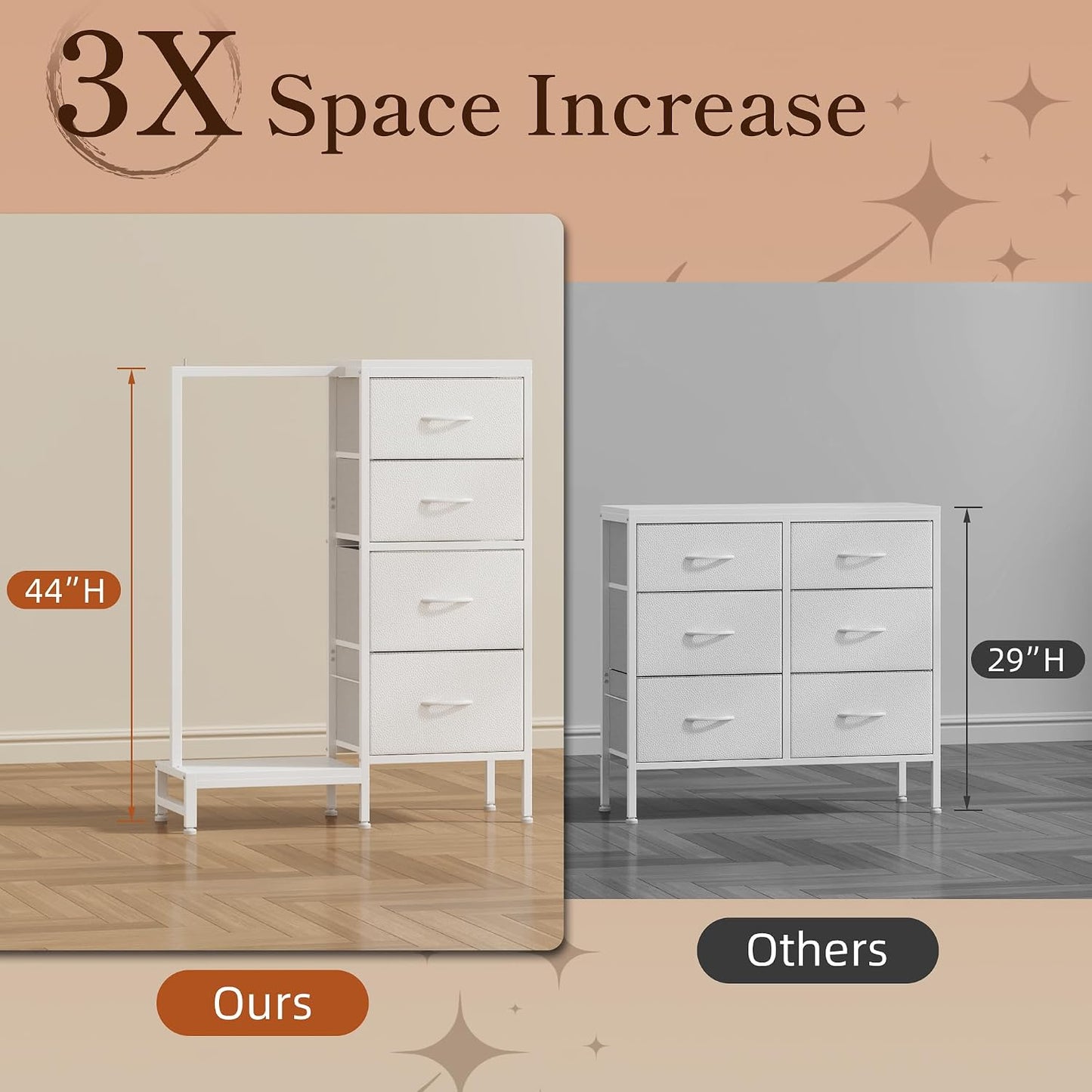 HIGDBFE Tall Dresser 44''H with Hanging Rack, 4 Drawers Small Closet Dresser for Bedroom, Reversible Fabric Chest of Drawers with Clothes Rack, Tall Storage Tower, Sturdy Frame, White