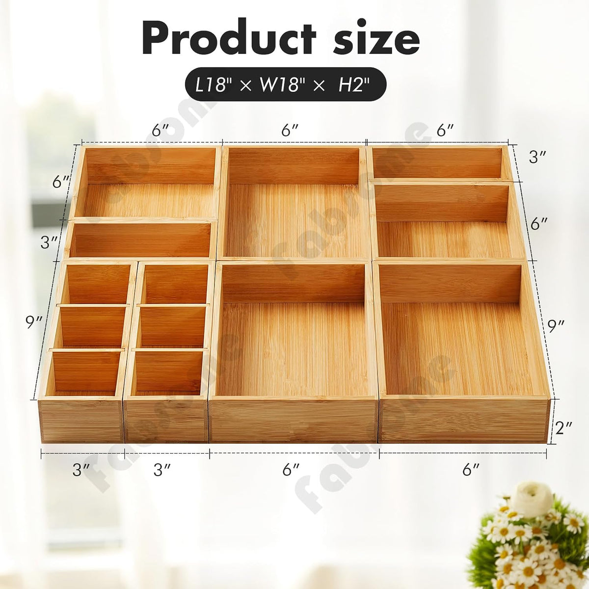 Fabsome Drawer Organizer, Set of 9 Bamboo Wood Kitchen Makeup Desk Junk Tea Drawer Storage Boxes Bins for Cutlery Silverware Utensils Flatware, Small Wooden Container Tray for Bathroom, Office