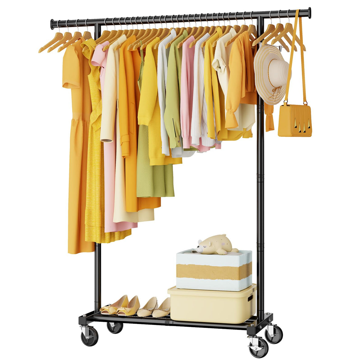 HYSEYY Double Rods Clothes Rack, Rolling Clothing Rack for Hanging Clothes Portable Wardrobe Rack, Metal Garment Rack Sturdy Coat Rack for Bedroom Laundry Living Room, Black