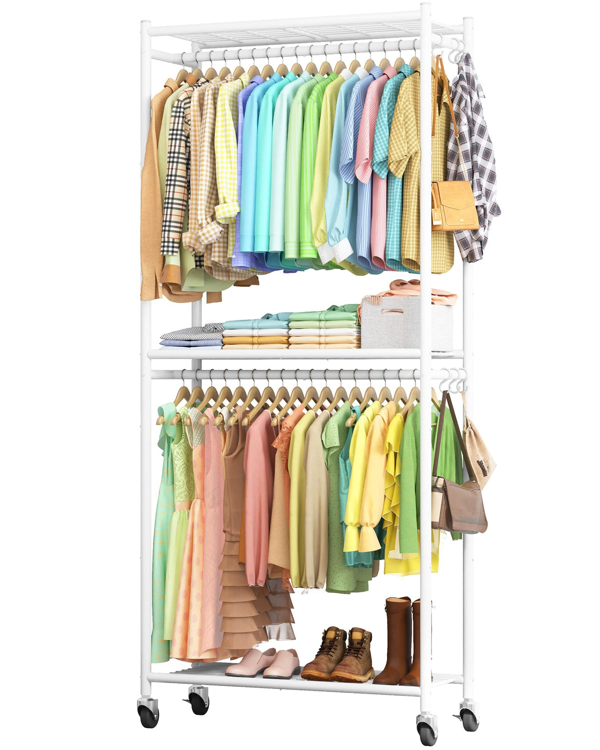 Sakugi Clothes Rack - 33.0" x 12.2" x 79.5" Clothing Rack with Shelves & Wheels, Multi-Functional Wardrobe Closet with Hooks, Sturdy Metal Garment Rack for Bedroom, Laundry, Balcony (Black)