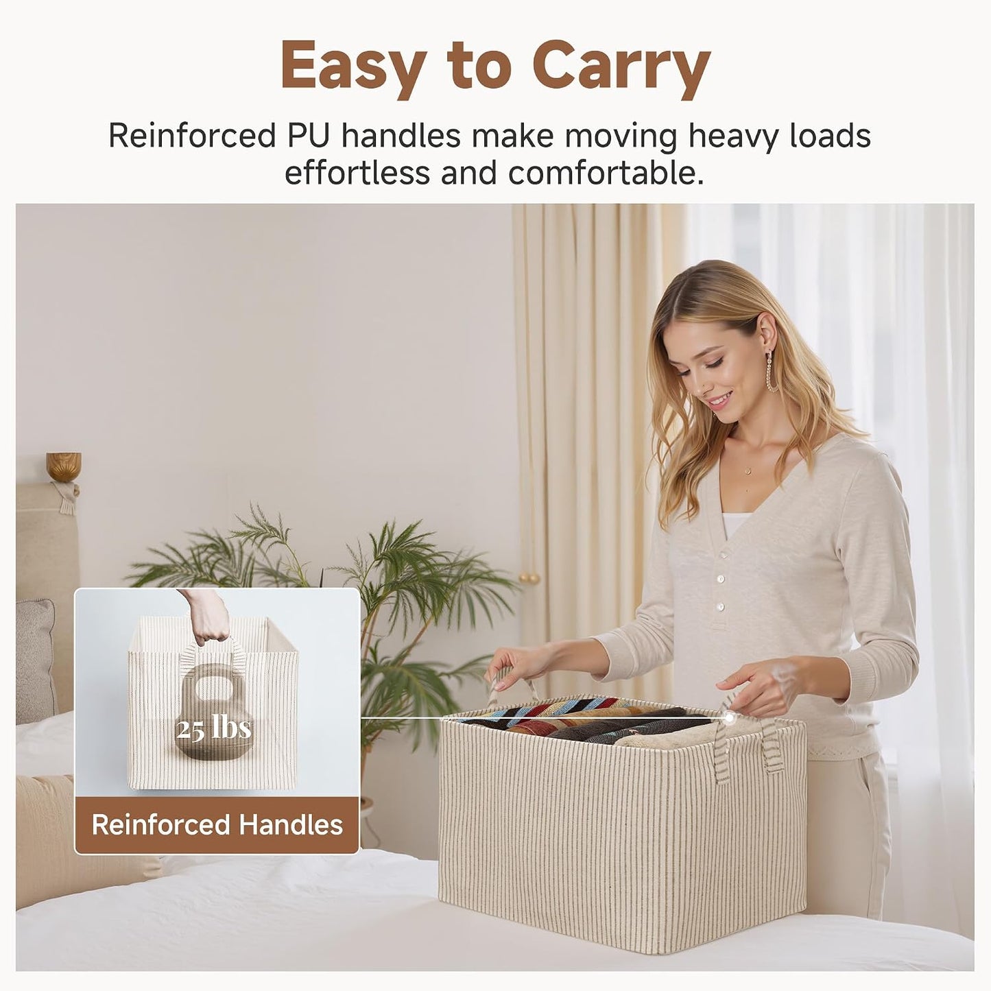 StorageWorks Fabric Storage Bins, Khaki and Beige Stripes, 2-Pack