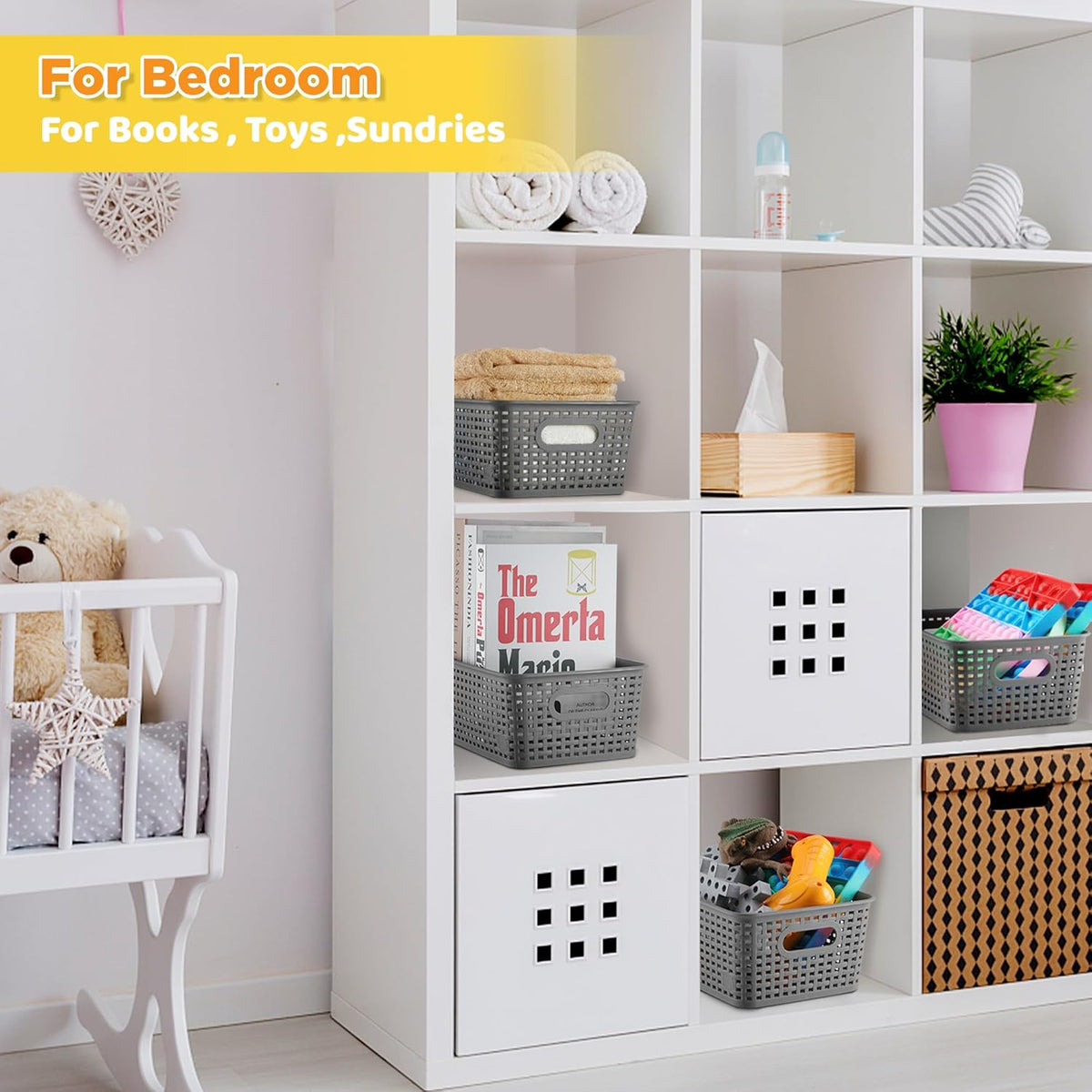 AREYZIN Plastic Storage Baskets -6 Pack, Storage Bins with Lid Organizing Container Lidded Knit Storage Organizer Bins for Shelves Drawers Desktop Closet Playroom Classroom Office,Gray
