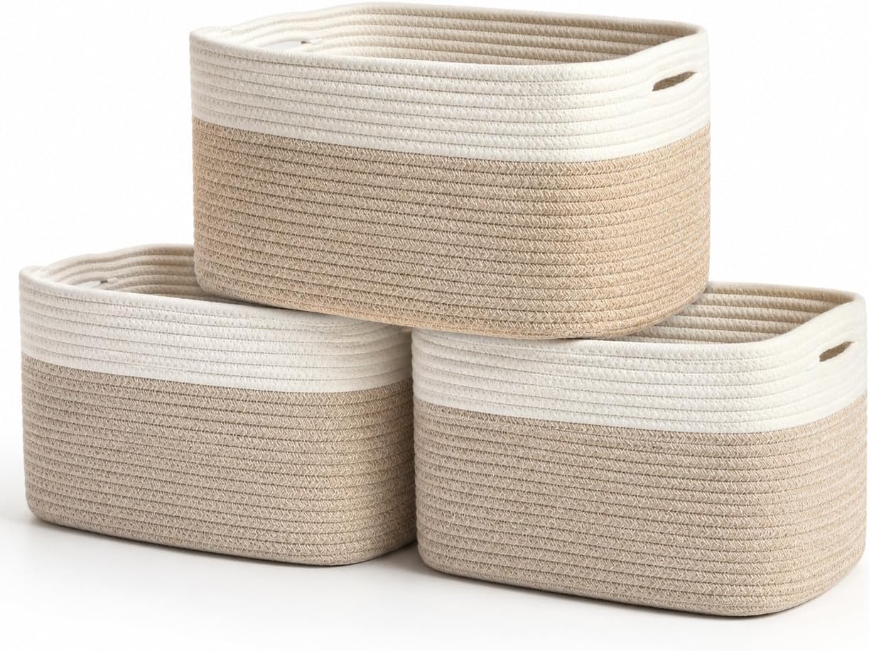 OrganiHaus Cotton Rope Baskets for Shelves, Set of 3, 15x9x10