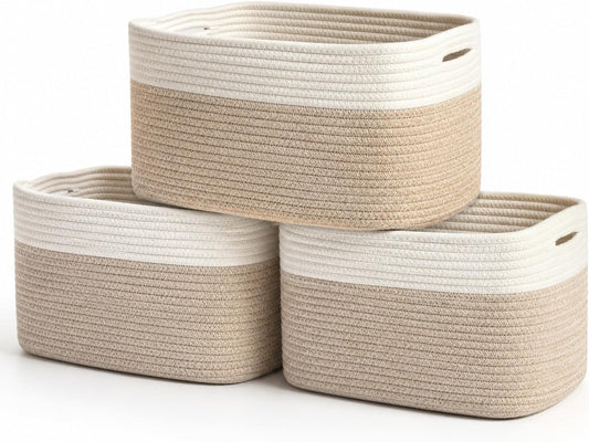 OrganiHaus Cotton Rope Baskets for Shelves, Set of 3, 15x9x10