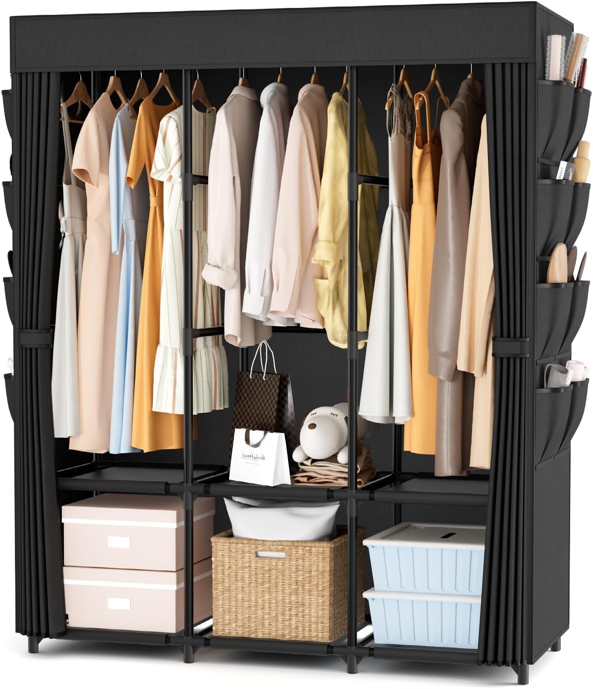 Wardrobe Closet Portable Closets for Hanging Clothes Large Capacity Clothes Rack with Cover, 3 Hanging Rods, 6 Shelves and 8 Pockets, Strong and Stable Free Standing Closet for Bedroom, Black