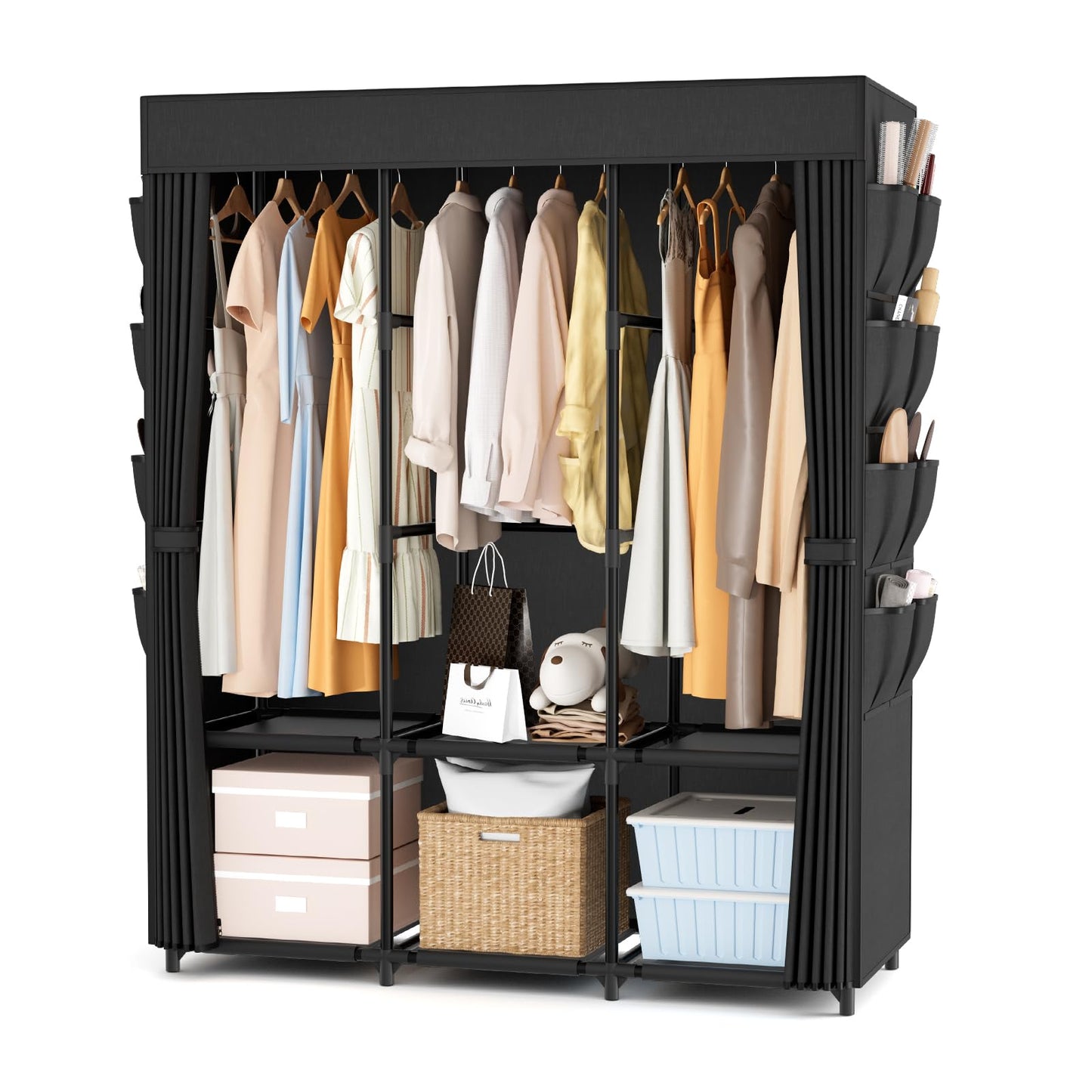 Wardrobe Closet Portable Closets for Hanging Clothes Large Capacity Clothes Rack with Cover, 3 Hanging Rods, 6 Shelves and 8 Pockets, Strong and Stable Free Standing Closet for Bedroom, Black
