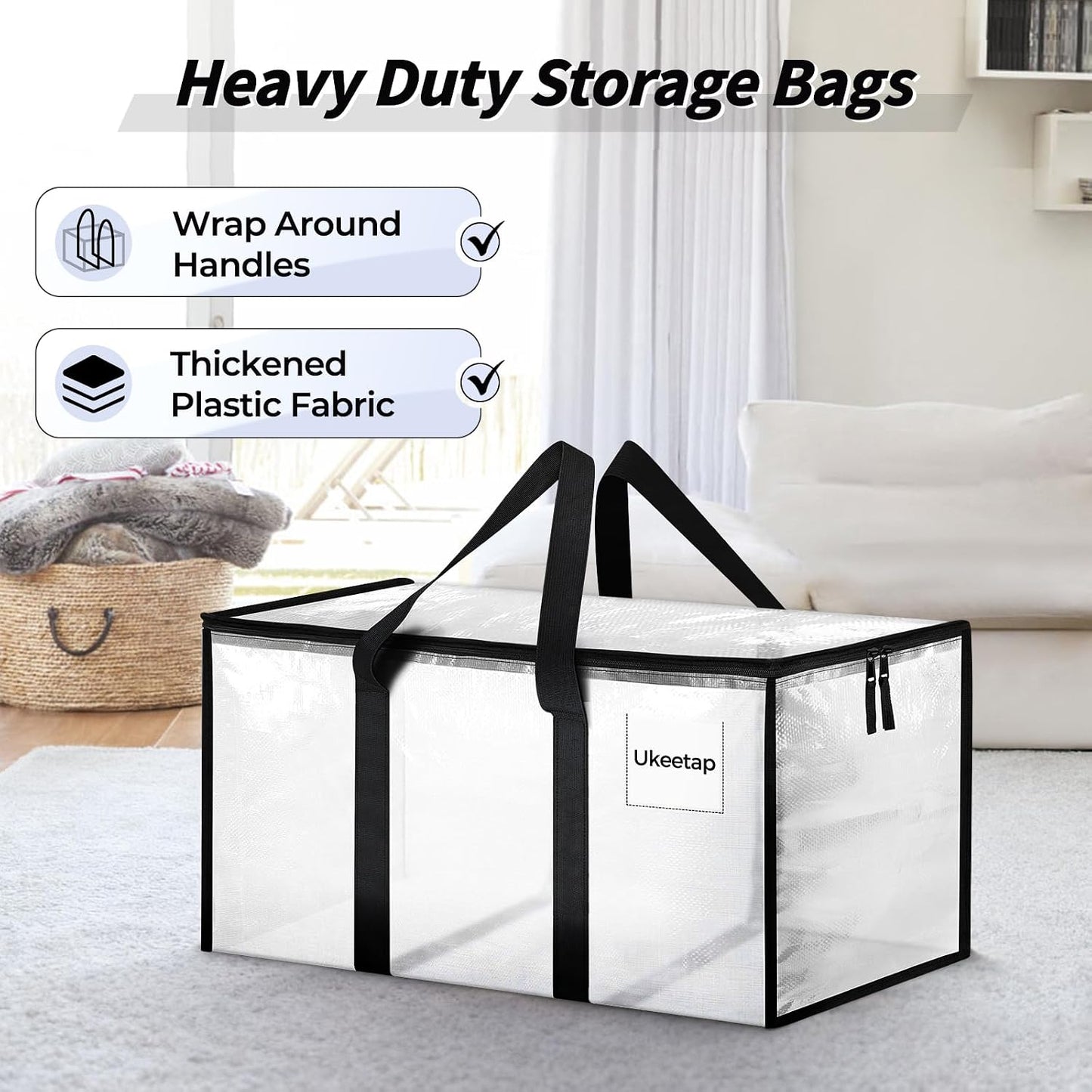 8 Pack Extra Large Clothes Storage Bins with Lids, Moving Bags, Clear