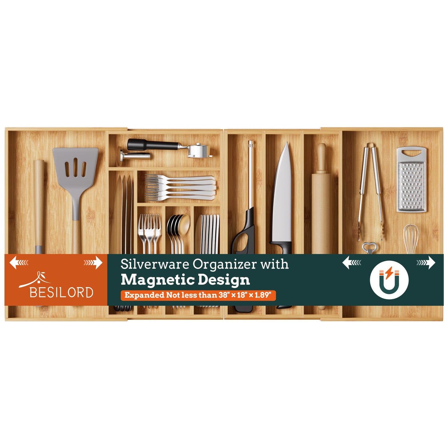 Silverware Organizer Large, Magnetic Connected Expandable 13 Slots Silverware Drawer Organizer From 21 to 37.4 Inches, Adjustable Flatware and Cutlery Holder, Bamboo Utensil Tray for Kitchen Natural