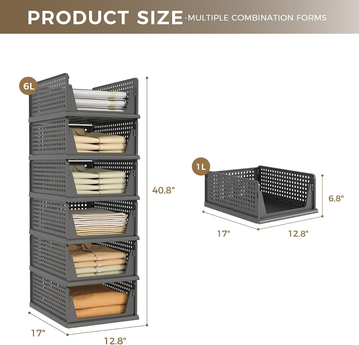 Pinkpum 6 Pack Closet Organizer Storage Bins Stackable Plastic Drawer Shelf
