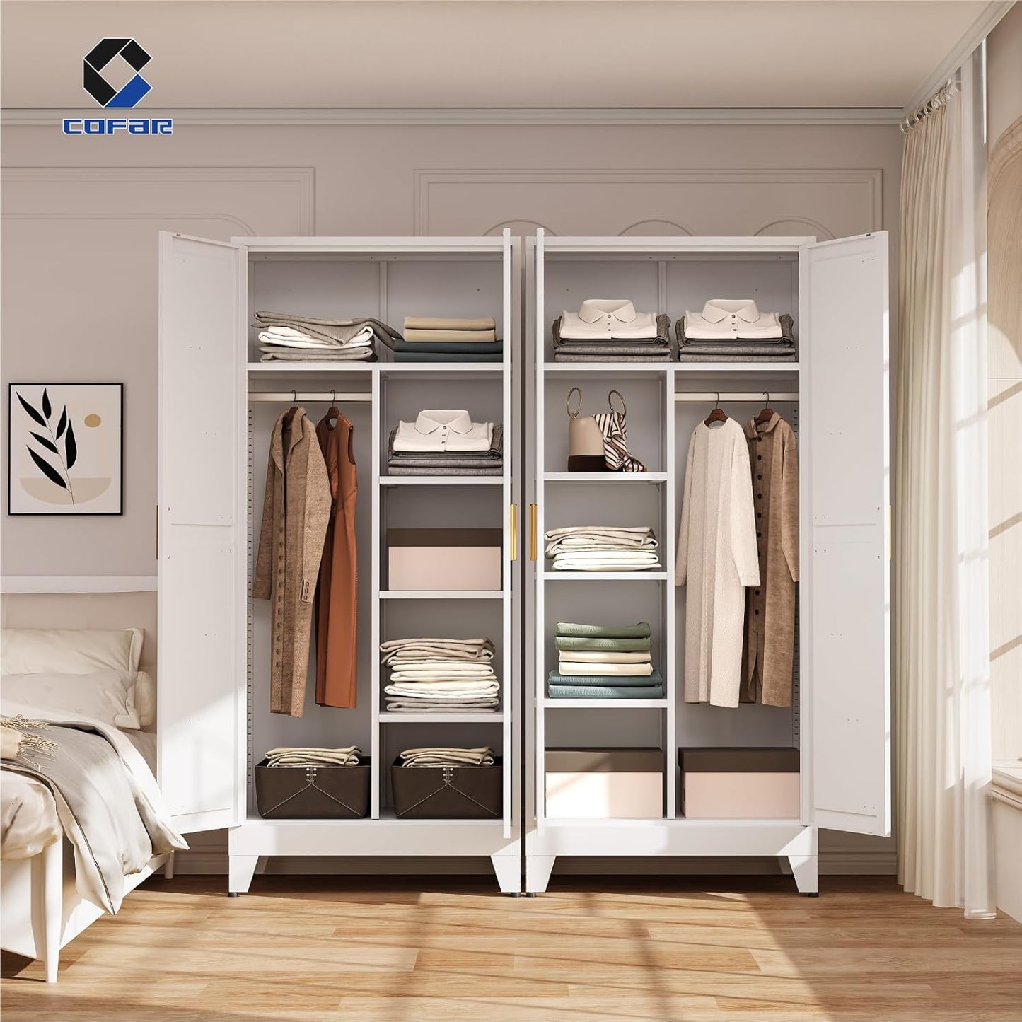 COFaR Metal Wardrobe Closet with Doors, 71'' Tall Steel Bedroom Armoire with Adjustable Hanging Rod and Shelves, Broom Closet Storage Cabinet for Garage Laundry Office, Farmhouse White