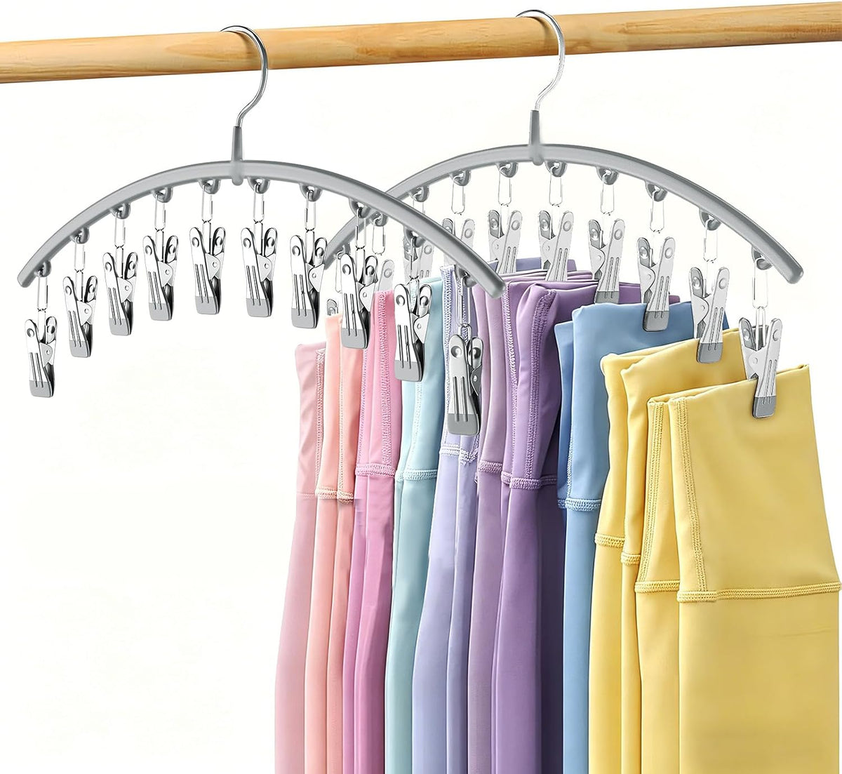 Volnamal Legging Organizer for Closet, Metal Yoga Pants Hanger w/Rubber Coated 2 Pack w/10 Clips Hold 20 Leggings, Hangers Space Saving Hanging Closet Organizer for Closet Organizers and Storage-Grey