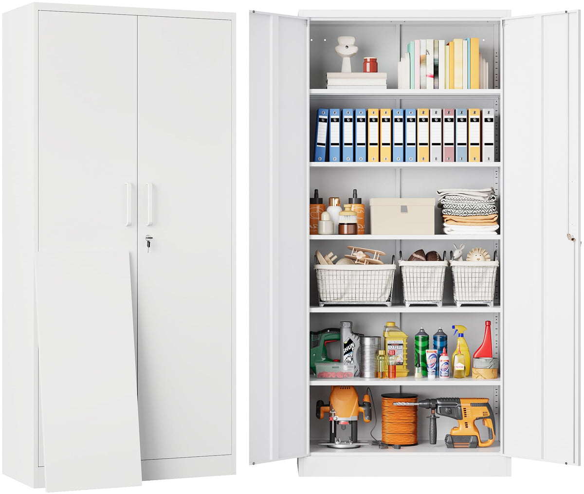 Wide & Deep Metal Storage Cabinet with Hanging Rod,Black Broom Closet Storage Cabinet with Lock,72" Tall Wardrobe Cabinets with Doors and Shelves,Locking Steel Tool Cabinets for Home,Office,Garage