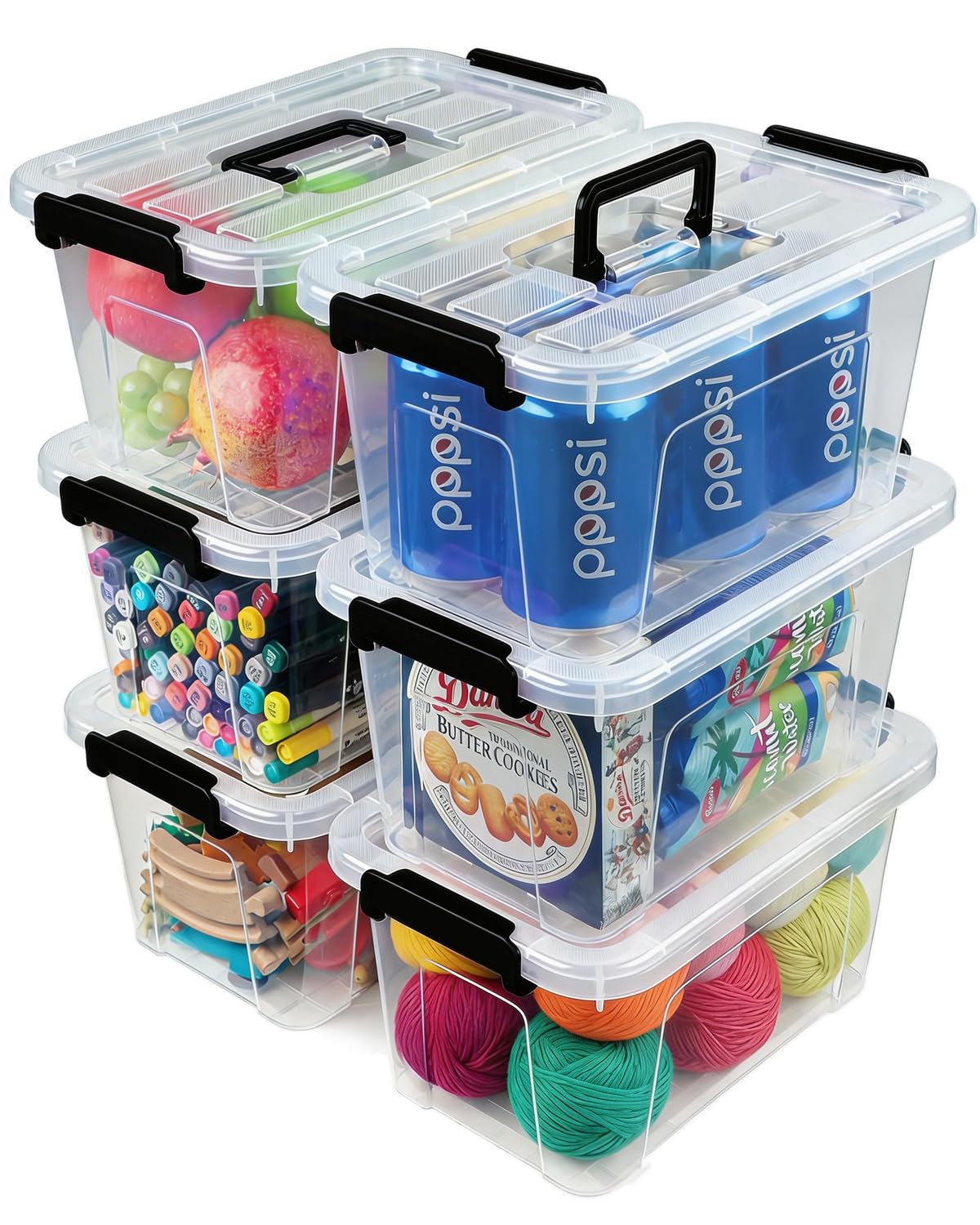 EOENVIVS Plastic Storage Bins with Lids 6 Pack Storage Organizer, 7 Quart Stackable Storage Boxes with Buckle Lids and Handle easy for Home Office Pantry Organization, Clear