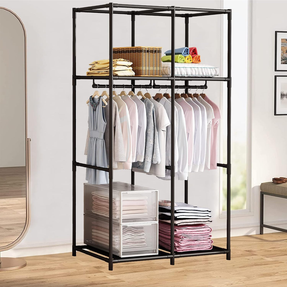 SORCEDAS Wardrobe Closet with Hanging Rods and Shelves for Clothes Storage