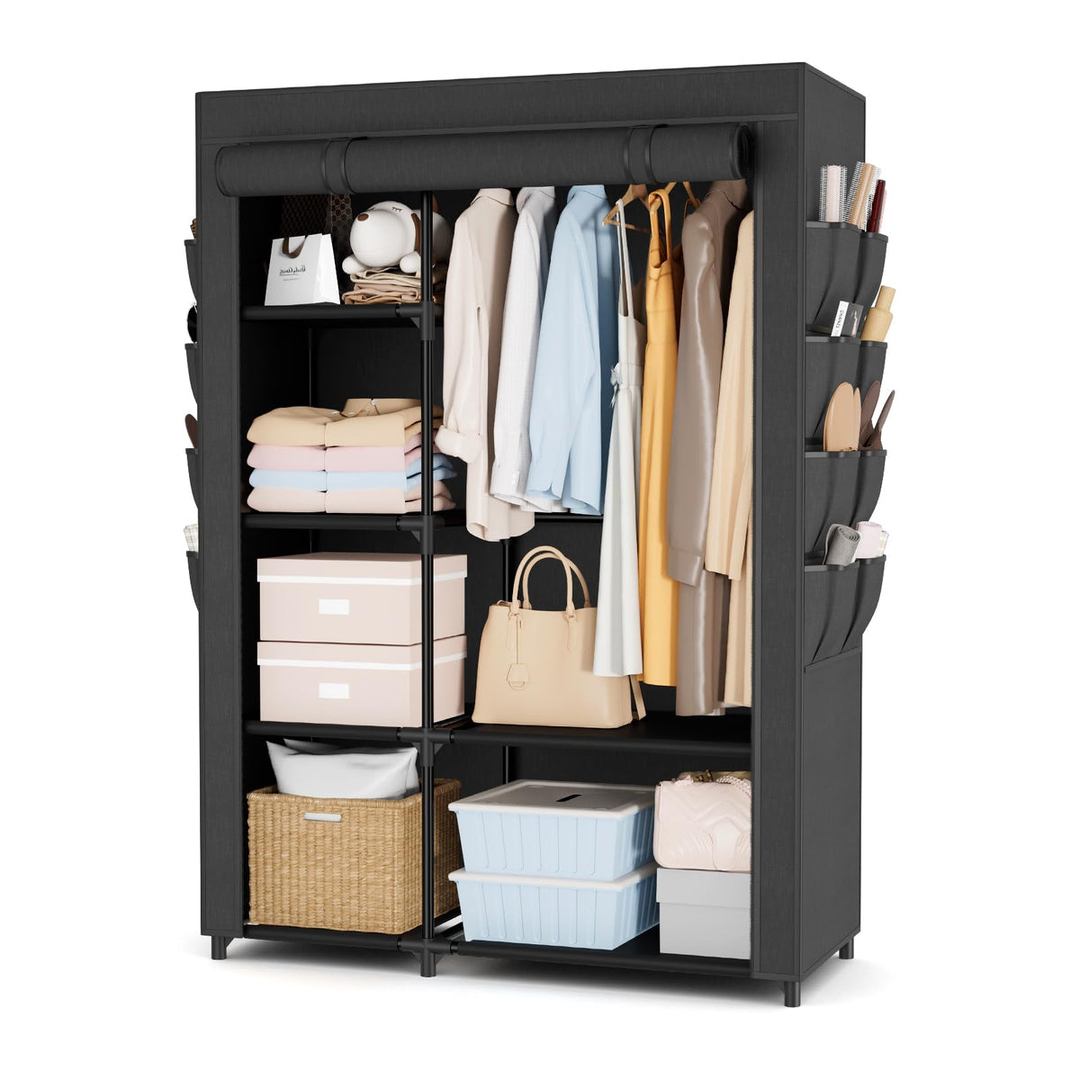 Portable Closet for Hanging Clothes, 67 Inch Wide Portable Wardrobe Closet with Cover, 4 Hanging Rod, Storage Shelves and Side Pockets, Large Free Standing Closet for Bedroom, Black