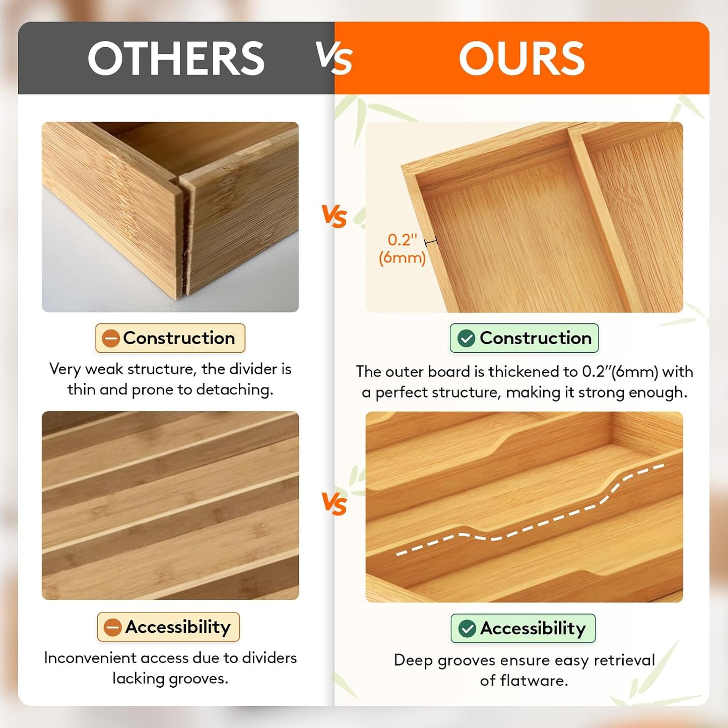 Lifewit Bamboo Utensil Organizer for Kitchen Drawer, Cooking Utensil Tray