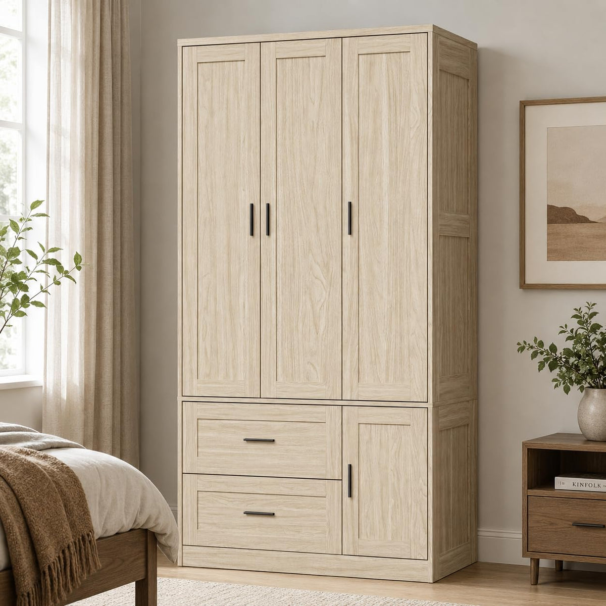 ANCTOR 3-Door Armoire Wardrobe Closet with 2 Drawers and Shelves, White