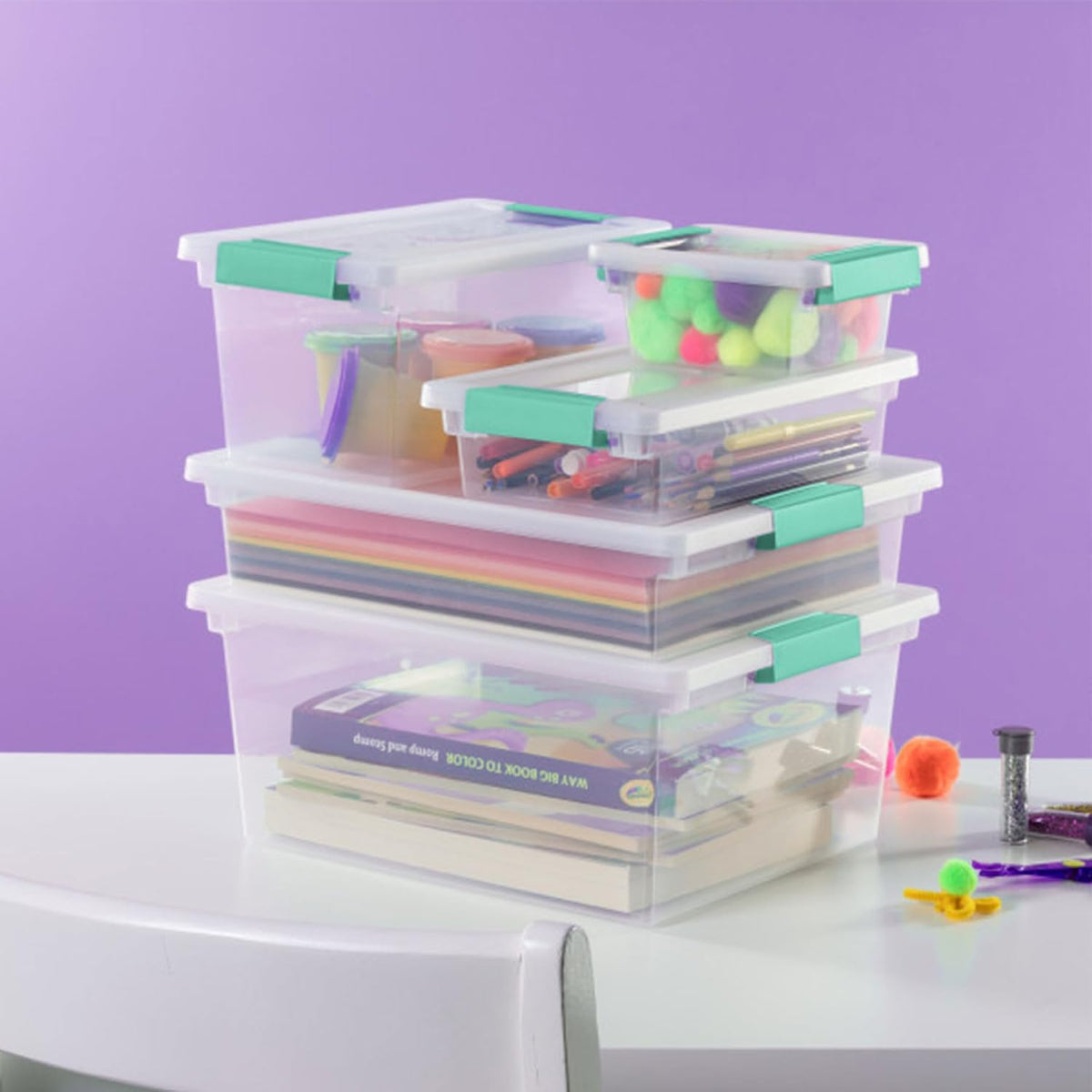 Sterilite Small Clip Box, Stackable Small Storage Bin with Latching Lid, Plastic Container to Organize Office, Crafts, Clear Base and Lid, (Pack of 6)