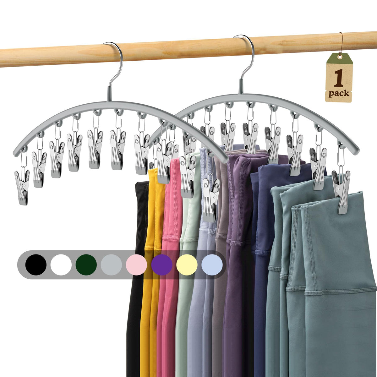Volnamal Legging Organizer for Closet, Metal Yoga Pants Hanger w/Rubber Coated 2 Pack w/10 Clips Hold 20 Leggings, Hangers Space Saving Hanging Closet Organizer for Closet Organizers and Storage-Grey