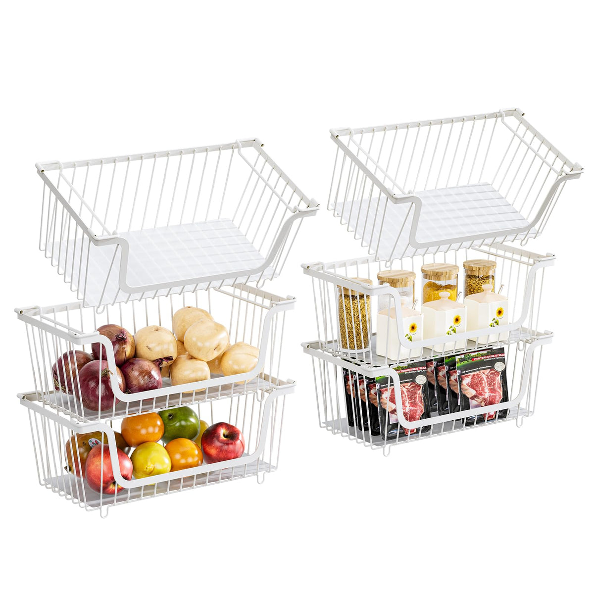 4 Pcs Stackable Wire Baskets Pantry Organizers and Storage Bins,Black
