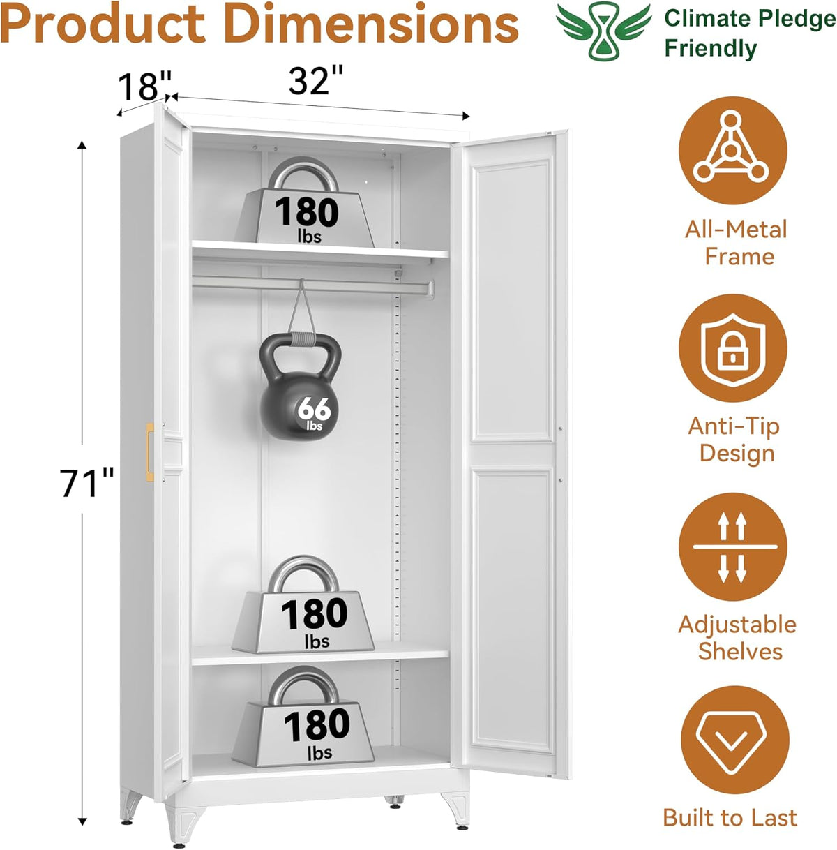 Polup 71" Metal Armoire Wardrobe Closet with Doors and Adjustable Shelves