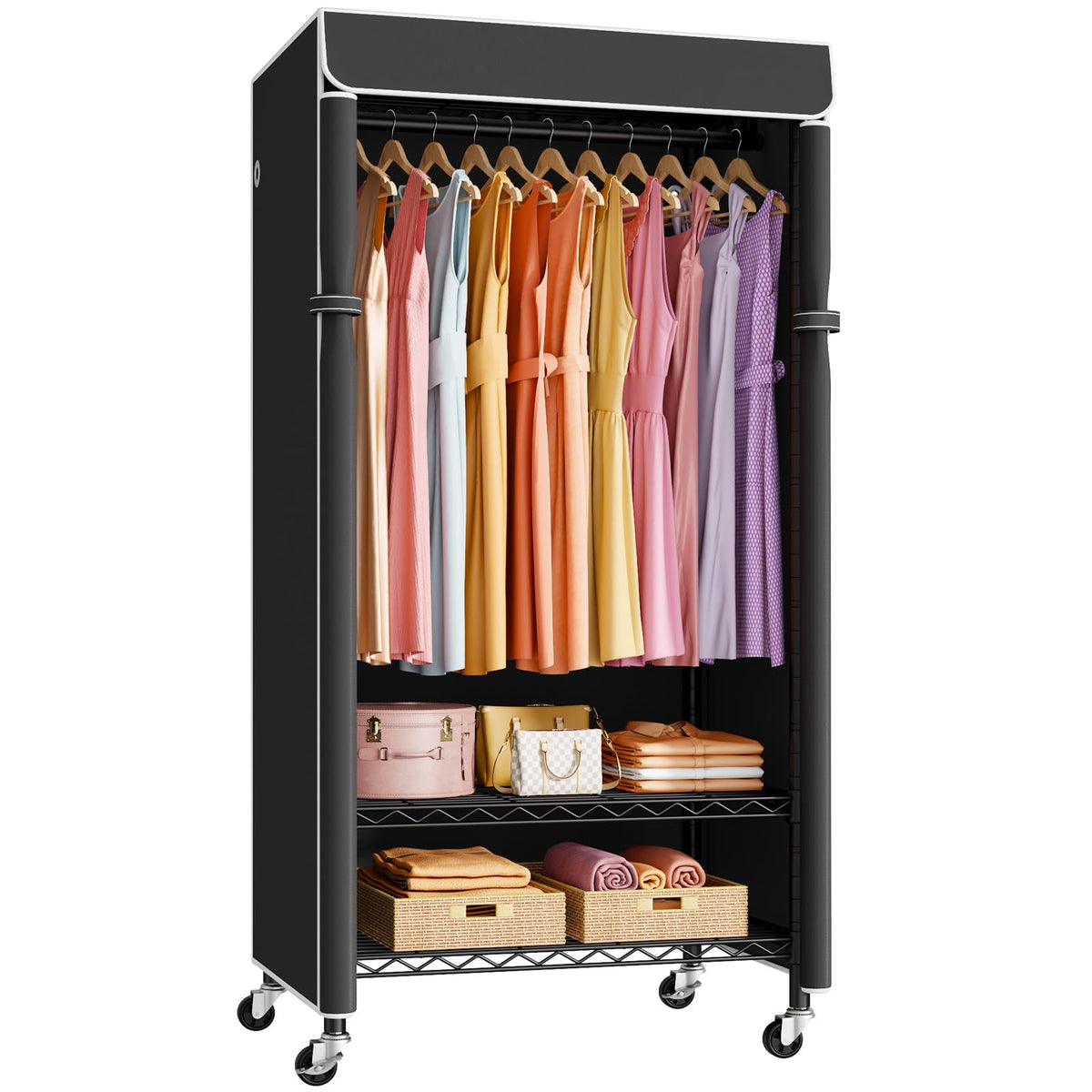 ULIFHOME P6C Plus Rolling Clothes Rack with Cover, Covered Clothing Rack