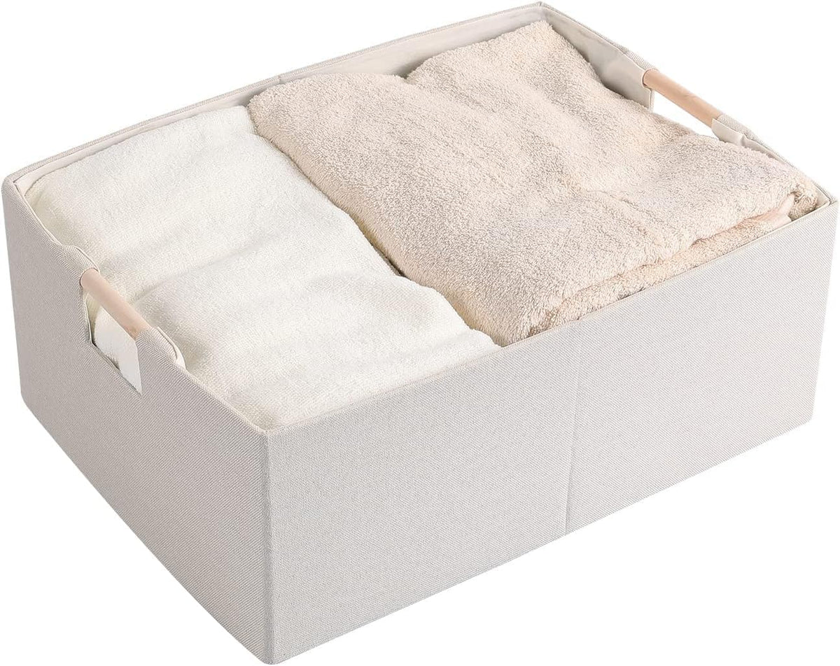 Fabric Storage Bin Box Foldable Cotton Linen Storage Basket with Wooden Handles Rectangular Cube Decorative Home Laundry Organizer Clothes Blanket Container – Beige, Medium