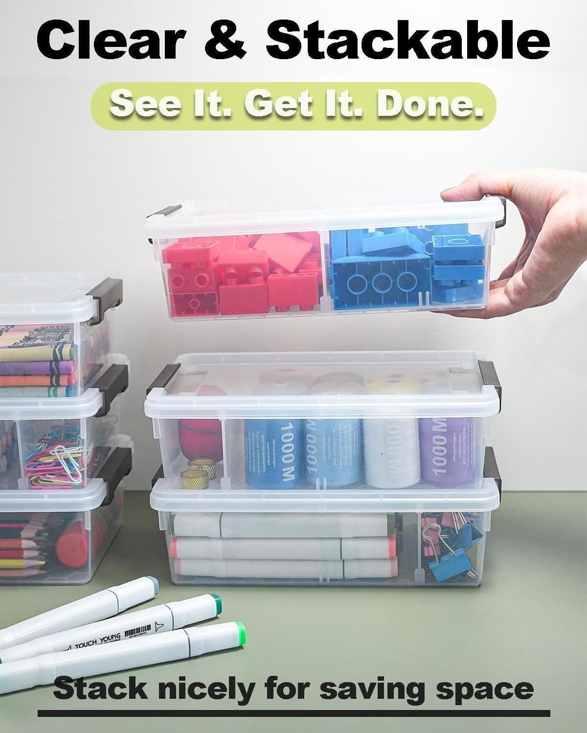 6 Pack Extra Large Pencil Box with Removable Divider, Thickened Pencil Case Bulk, Clear Crayon Marker Organizer Stackable Plastic Small Storage Containers for Pen Craft School Supplies(Grey)