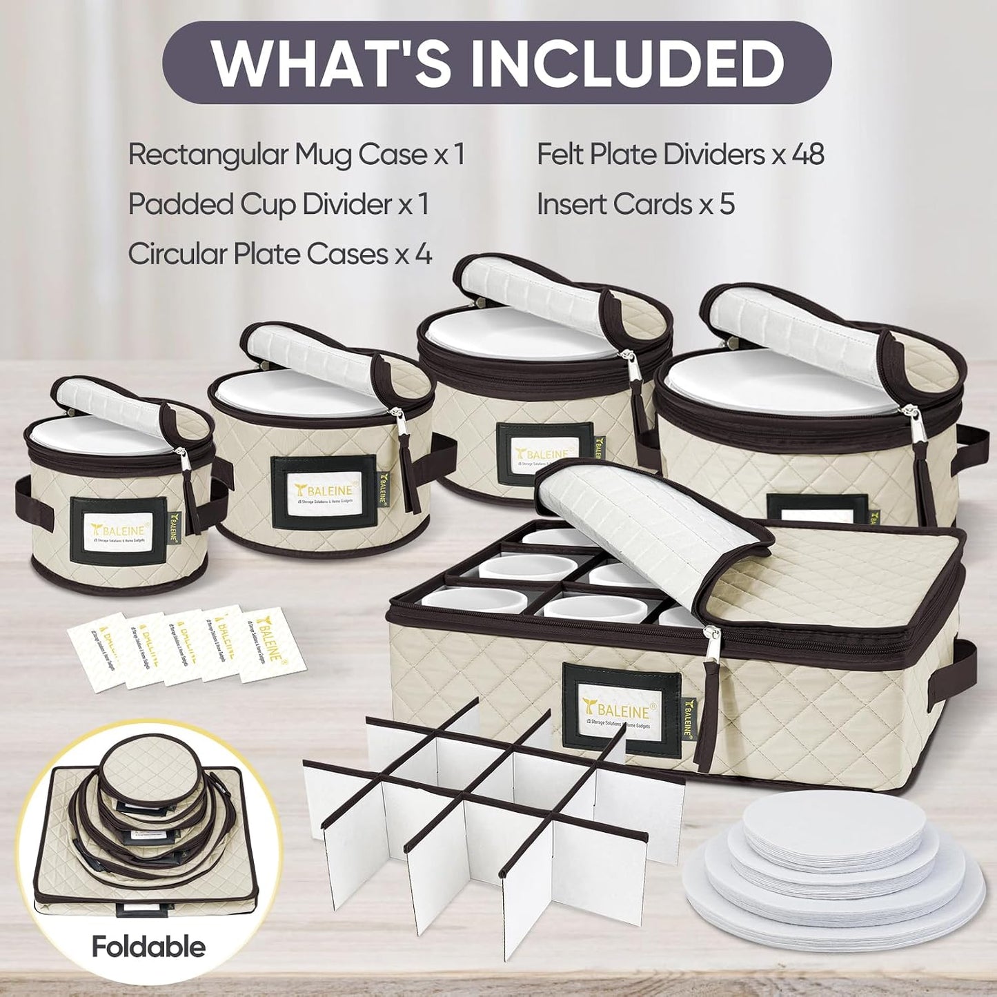 BALEINE China Storage Containers, Sturdy Quilted Wine Glass Storage, Plate Organizer with Carry Handles, Moving Boxes for Dishes, Cups, Mugs and Stemware (Plate Mug Combo, Soft Shell Cream)