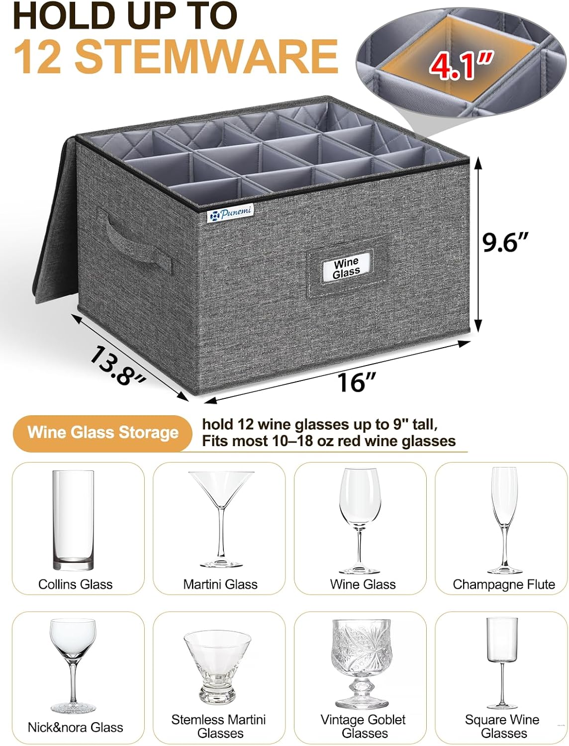 punemi Wine Glass Storage Box for 24 Glasses, Hard Shell Moving Case
