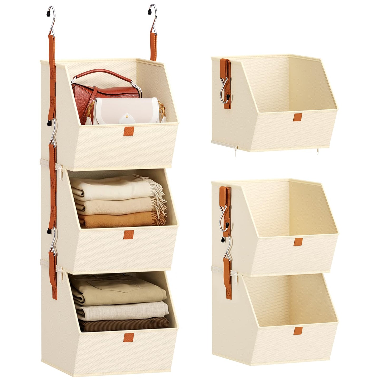 Homsorout Hanging Closet Organizer 4 Tier - Clothes Hanging Shelves, Space-Saving Closet System, Fabric Storage Bins Bedroom Organization, Collapsible Baskets for Home, Dorm, Rv, Beige