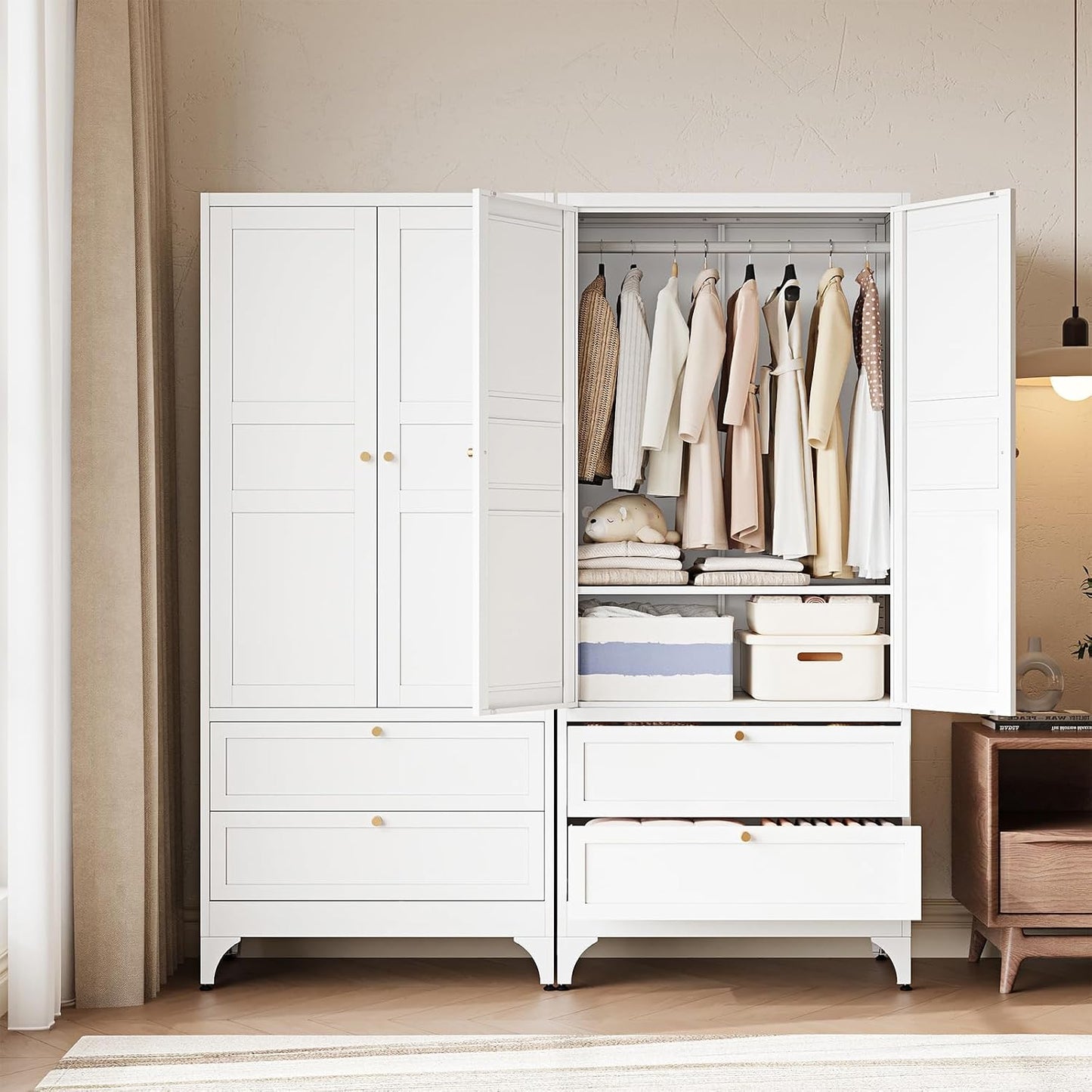 Letaya Metal Armoire Wardrobe Closet with Drawers,Clothing Storage Cabinet with Doors and Shelves,Coat Closet with Hanging Rod,Bedroom,Home,Cloak Room,White-71 H x 32" W x 18" D