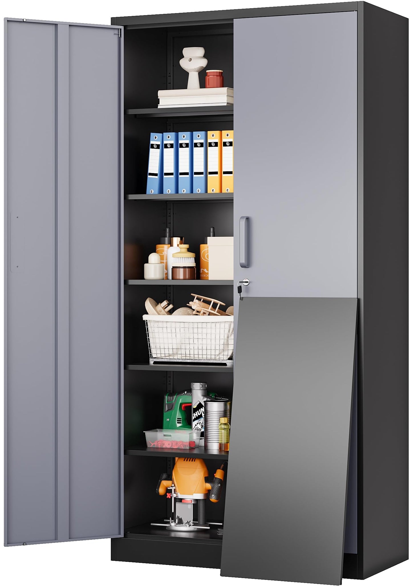 Wide & Deep Metal Storage Cabinet with Hanging Rod,Black Broom Closet Storage Cabinet with Lock,72" Tall Wardrobe Cabinets with Doors and Shelves,Locking Steel Tool Cabinets for Home,Office,Garage