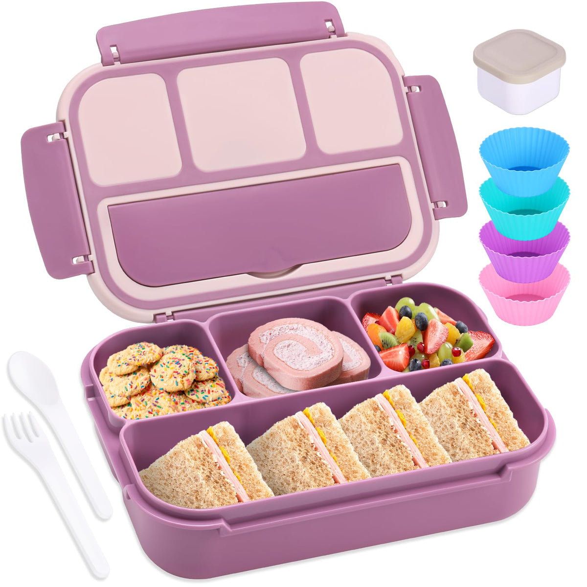 Bento Box Adult Lunch Box, Containers for Adults Men Women with 4 Compartments, Lunchable Food Container with Utensils, Sauce Jar, Muffin Liners, 40 Oz/5 Cup, Microwave & Dishwasher Safe, Brown