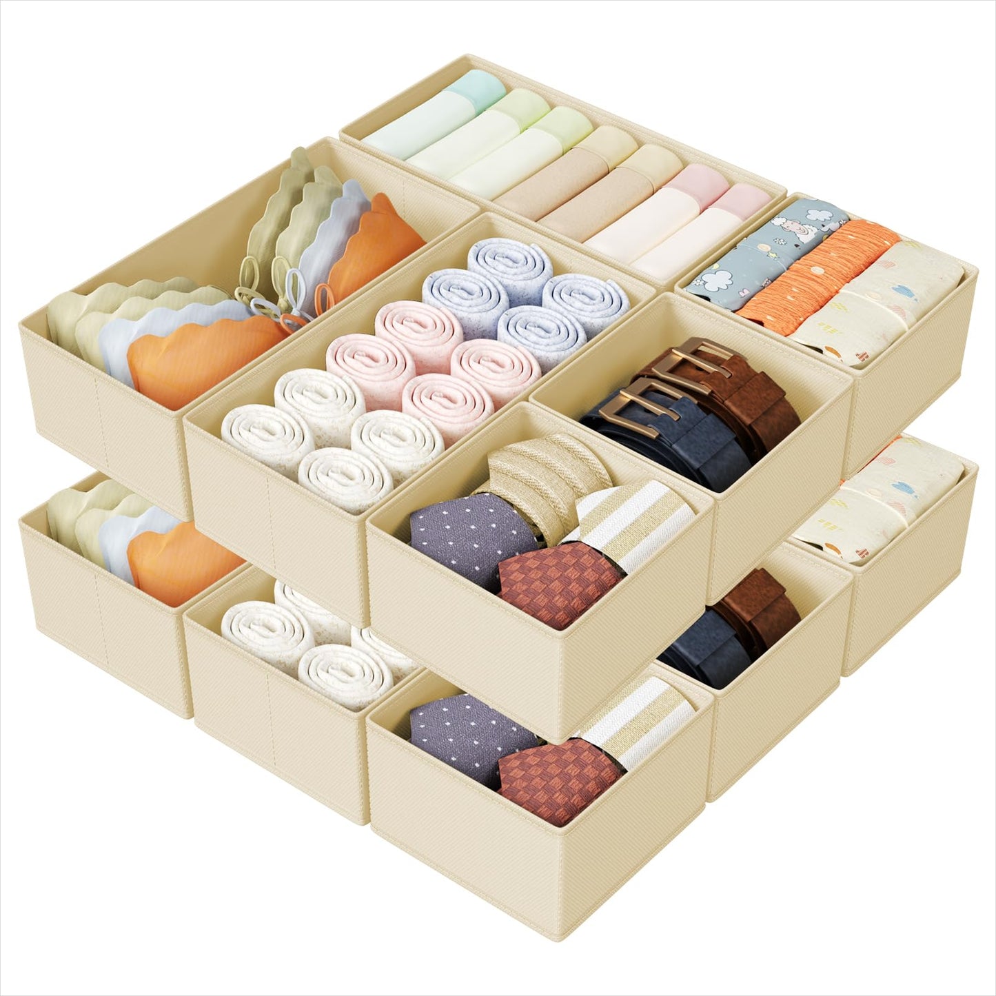 DIMJ Drawer Organizers Clothes, Dresser Organizer Bins for Baby Clothes,Underwear and Sock, Fabric Closet Organization and Storage Boxs, Drawer Dividers for Nursery, Clothing, Tie - 4 Pack, Beige