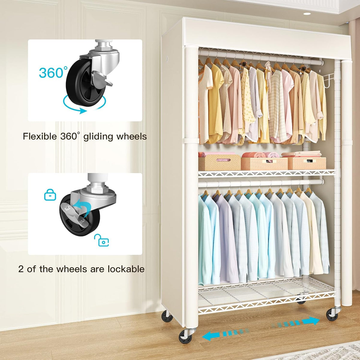 FUTASSI White Clothing Rack with Beige Cover, P1C Rolling Closets