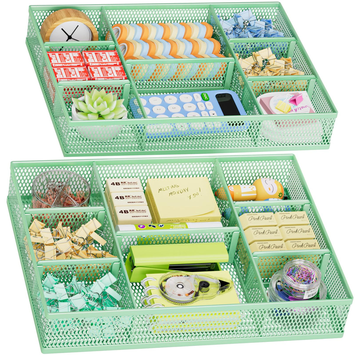 Marbrasse 2 Pack Desk Drawer Organizer, Mesh Drawer Organizer Tray with 8 Adjustable Compartments, Desk Organizers and Accessories, 5 Dividers Drawer for Office Supplies, Makeup & Vanity (Black)