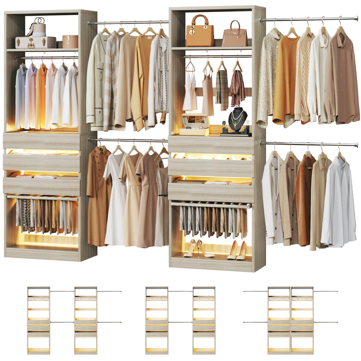 Closet System, 4-8FT Closet Organizer with 3 Wood Drawers & Glass Top, 102'' Walk in Closet with 5 Hang Rods & LED Lights & Trouser Rack, Built-in Wardrobe Clothes Rack with Shelves and Tower, White