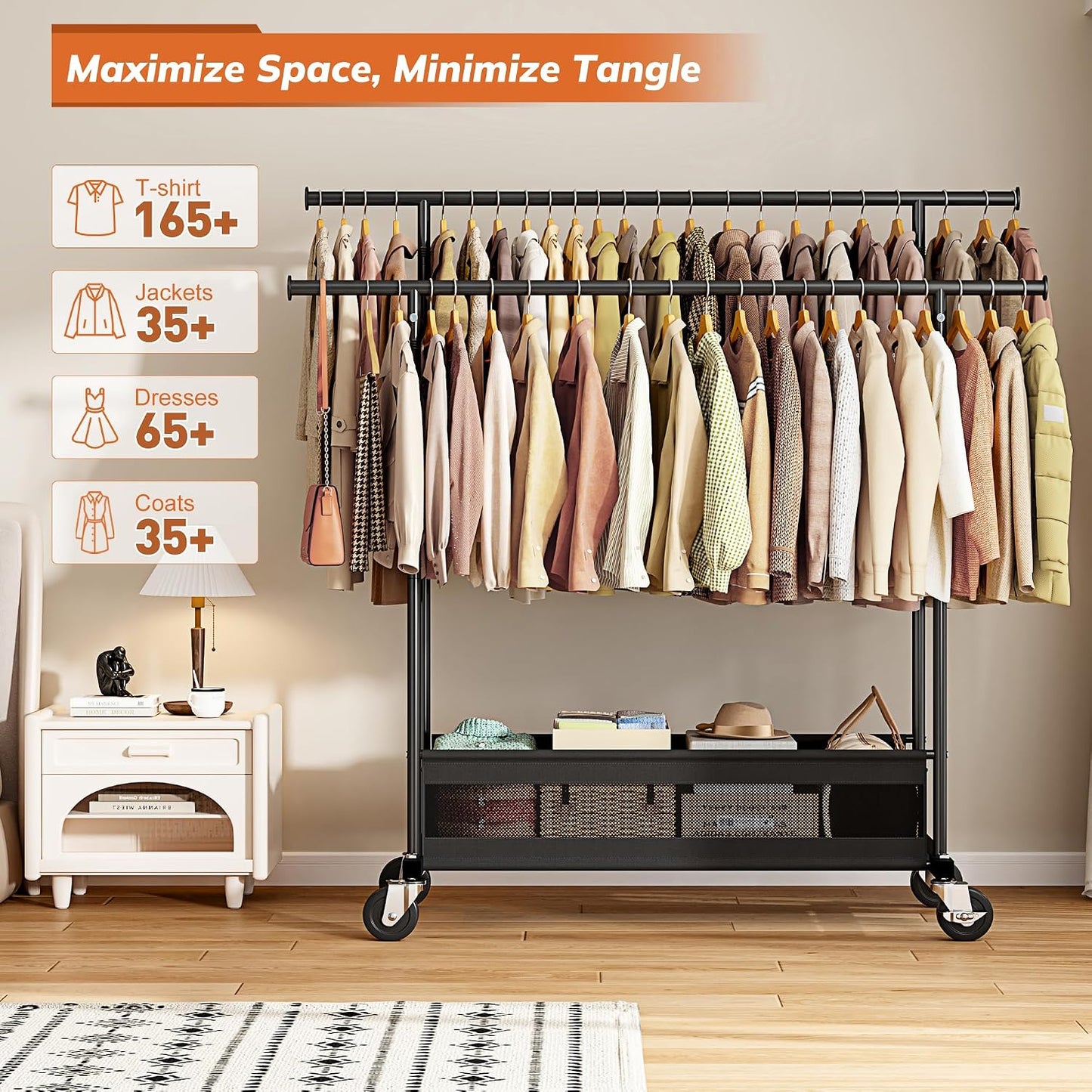 Clothes Rack 210 LBS Double Rods Extra Storage Basket