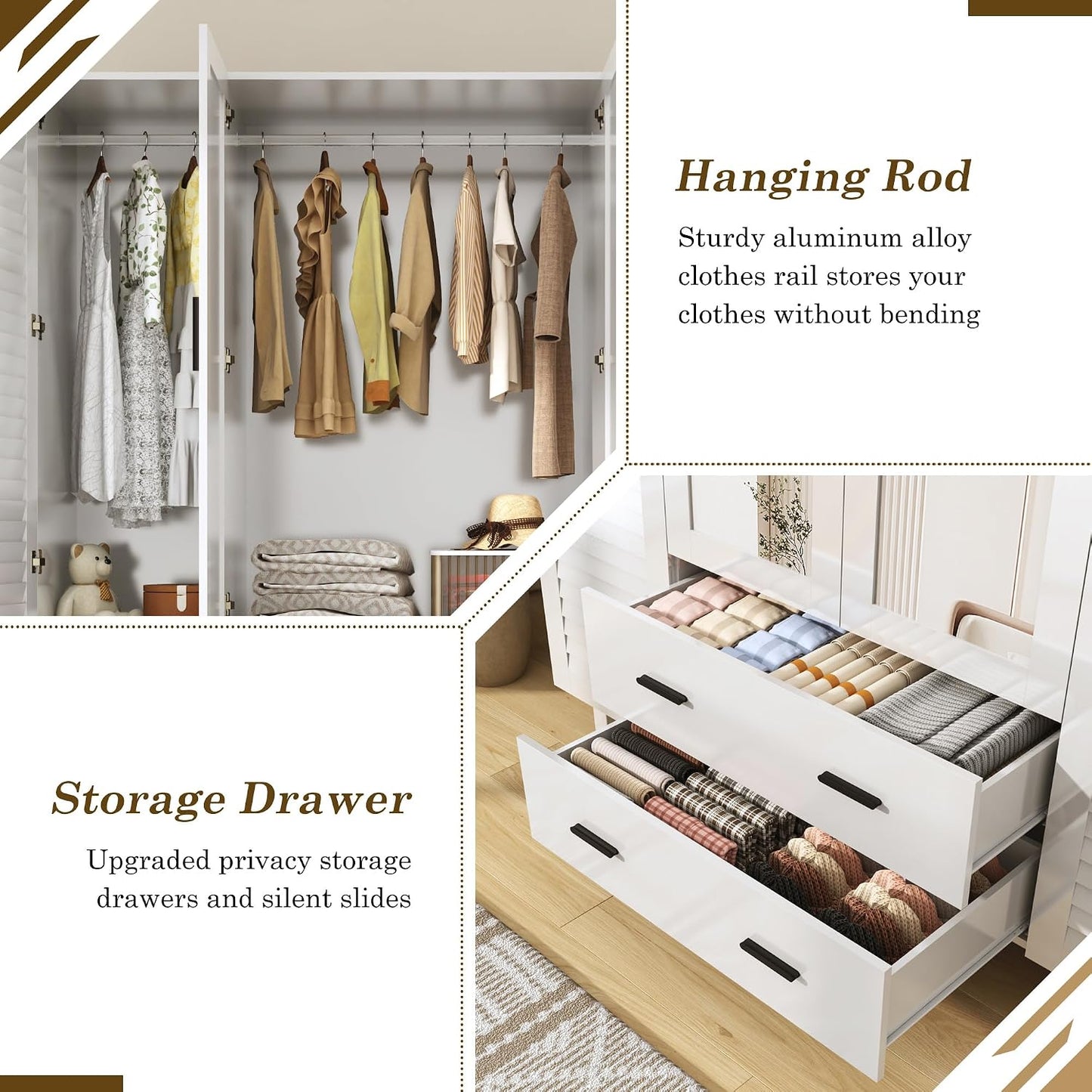 jiteentarou 4 Door Armoire Wardrobe Closet Cabinet with Drawers and LED Lights, Multi-Tier Shelves, Hanging Rod & 4 Louver Doors, Large Capacity Storage Wardrobe Armoire for Bedroom(4 Doors White)