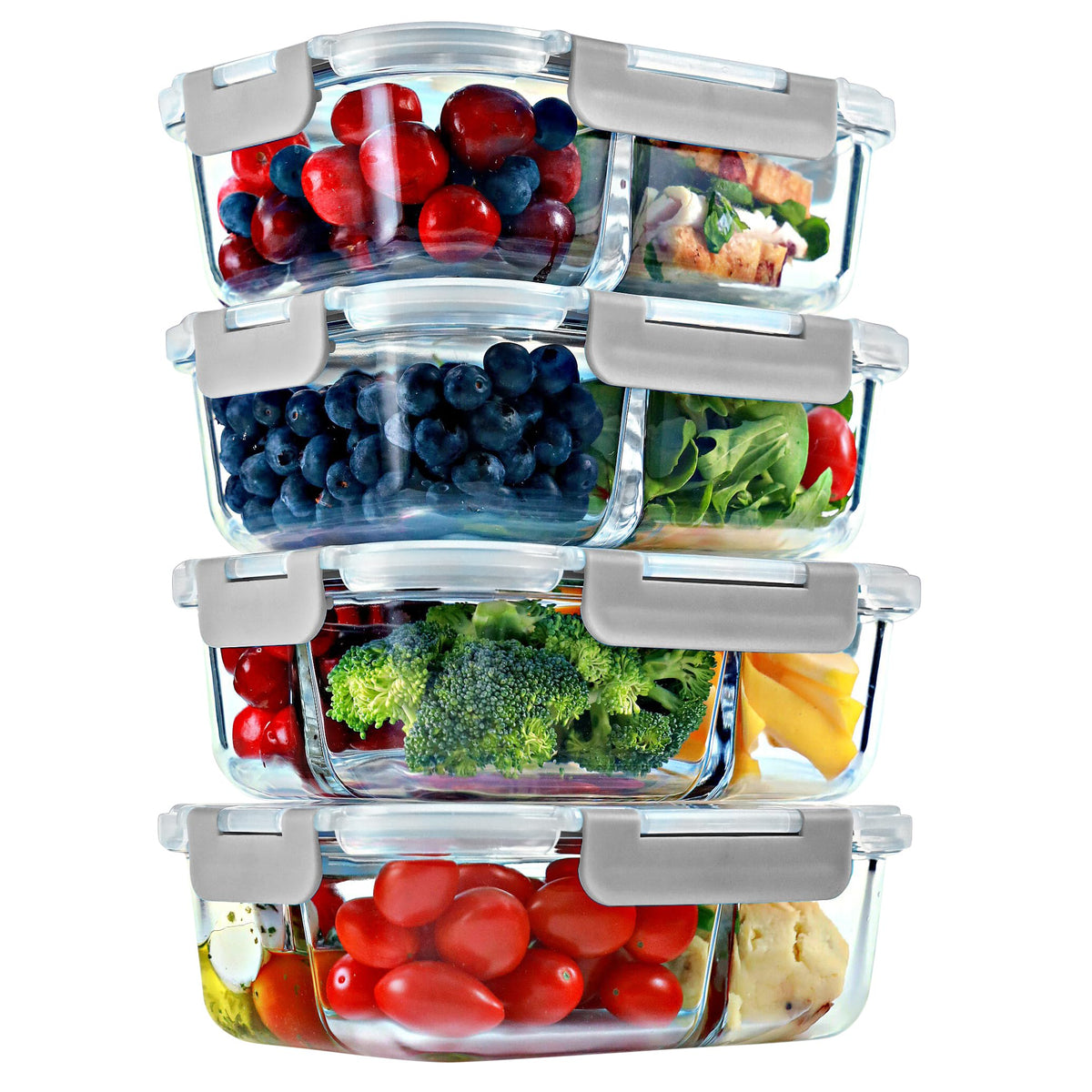 Glass Meal Prep Containers 2 and 3 Compartments, Leak-Proof, 32 oz, 4 Pack