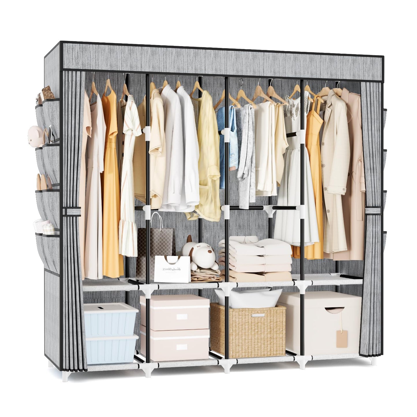 Portable Closet for Hanging Clothes, 67 Inch Wide Portable Wardrobe Closet with Cover, 4 Hanging Rod, Storage Shelves and Side Pockets, Large Free Standing Closet for Bedroom, Black
