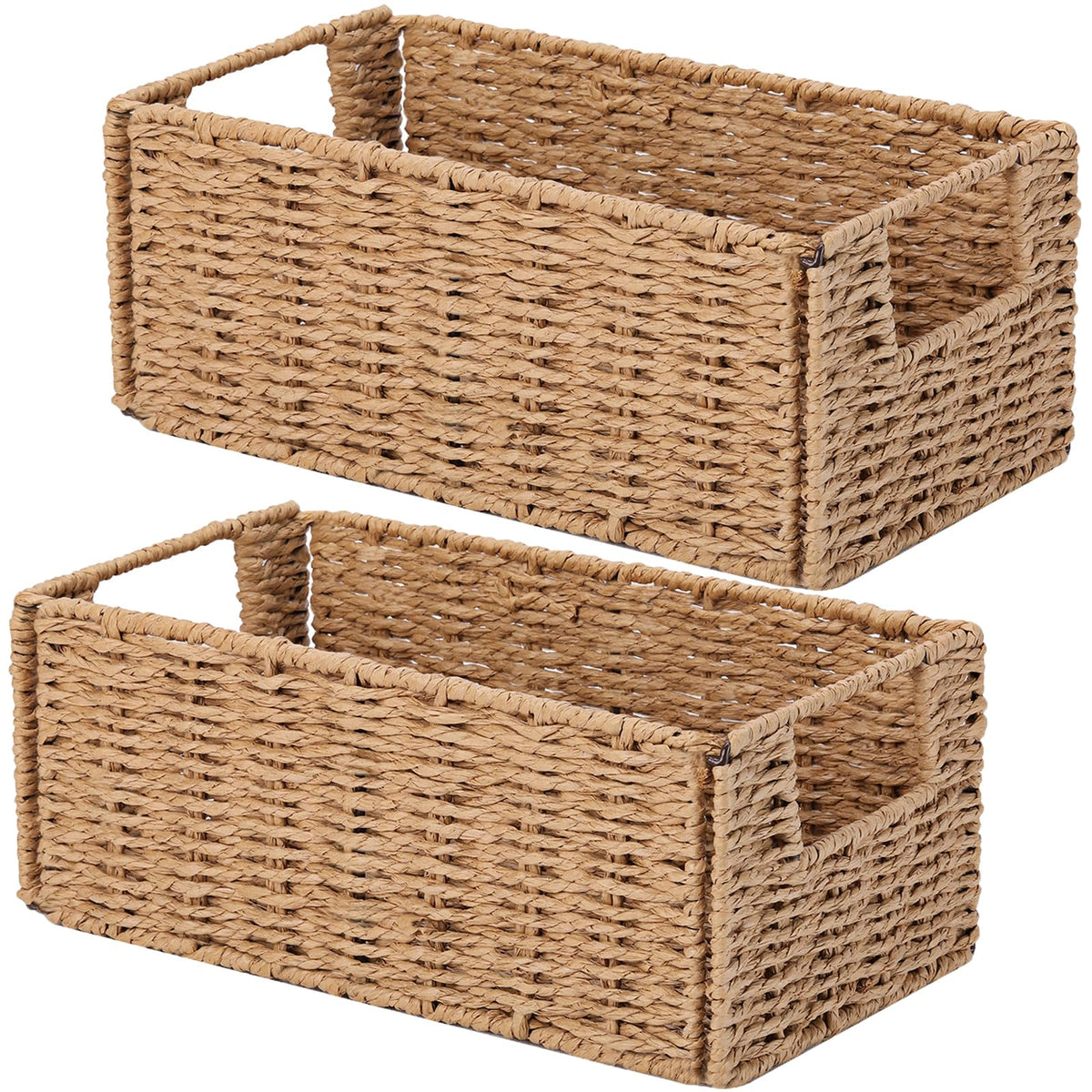 Vagusicc Wicker Storage Basket, Set of 2 Hand-Woven Paper Rope Wicker Basket, Small Storage Baskets for Organizing Toilet Paper Basket, Foldable Large Cube Storage Organizer Bins for Shelves (Natural)