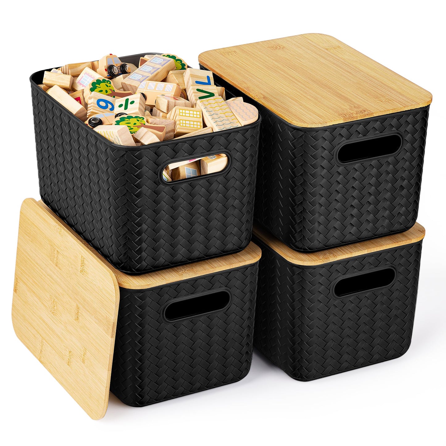 Ohmlove 4 Pack Storage Bins with Bamboo Lids,Stackable Box for Organization