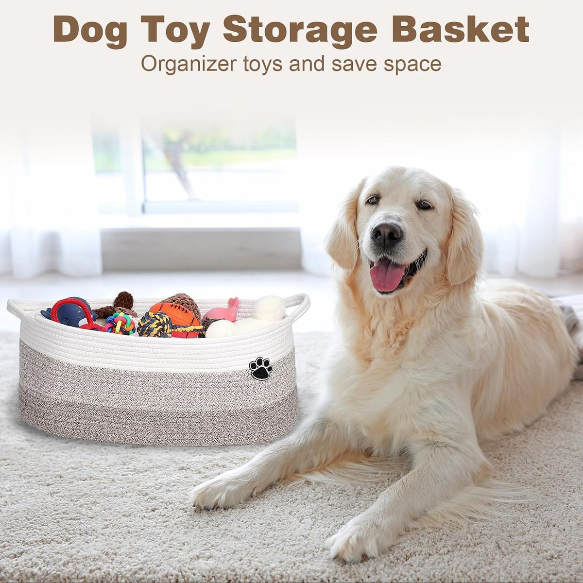 Optish Dog Toy Basket, 30L Toy Box and Bin for Dog Cat Storage, 19.7" X 11" X 7.9" Large Woven Rope Basket for Blanket Storage, Living Room, Bedroom, White & Brown